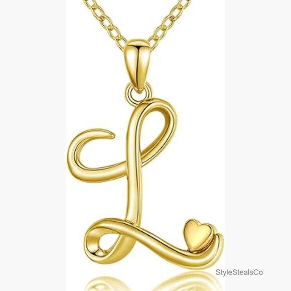 Sterling Silver Initial Necklace with Rose Gold Heart Charm 18 Inch Chain
